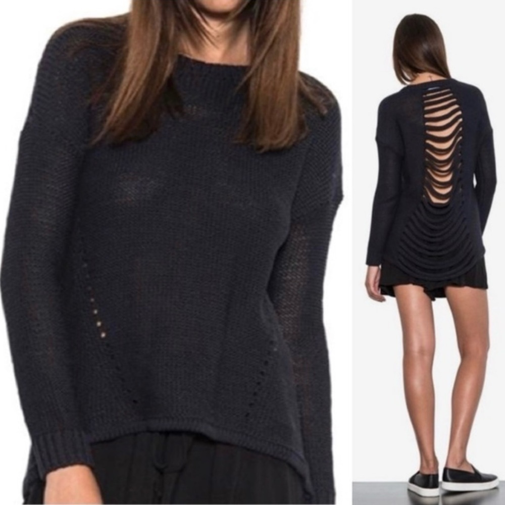 One Grey Day Blaine Shredded Back Black Sweater SZ Small Grunge Distressed EUC